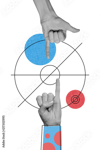 Fotografía Vertical photo collage of friends forgiveness gesture pinky fingers partners sub