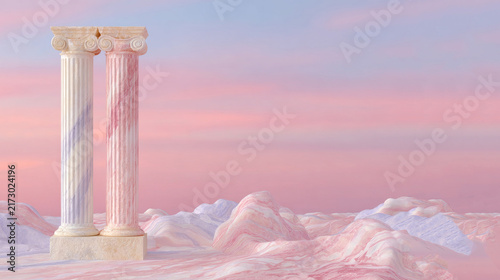Two pastel marble classical columns stand amid soft pink cloud-like formations, under a gradient pink-purple sky, forming a dreamy ethereal architectural scene.

