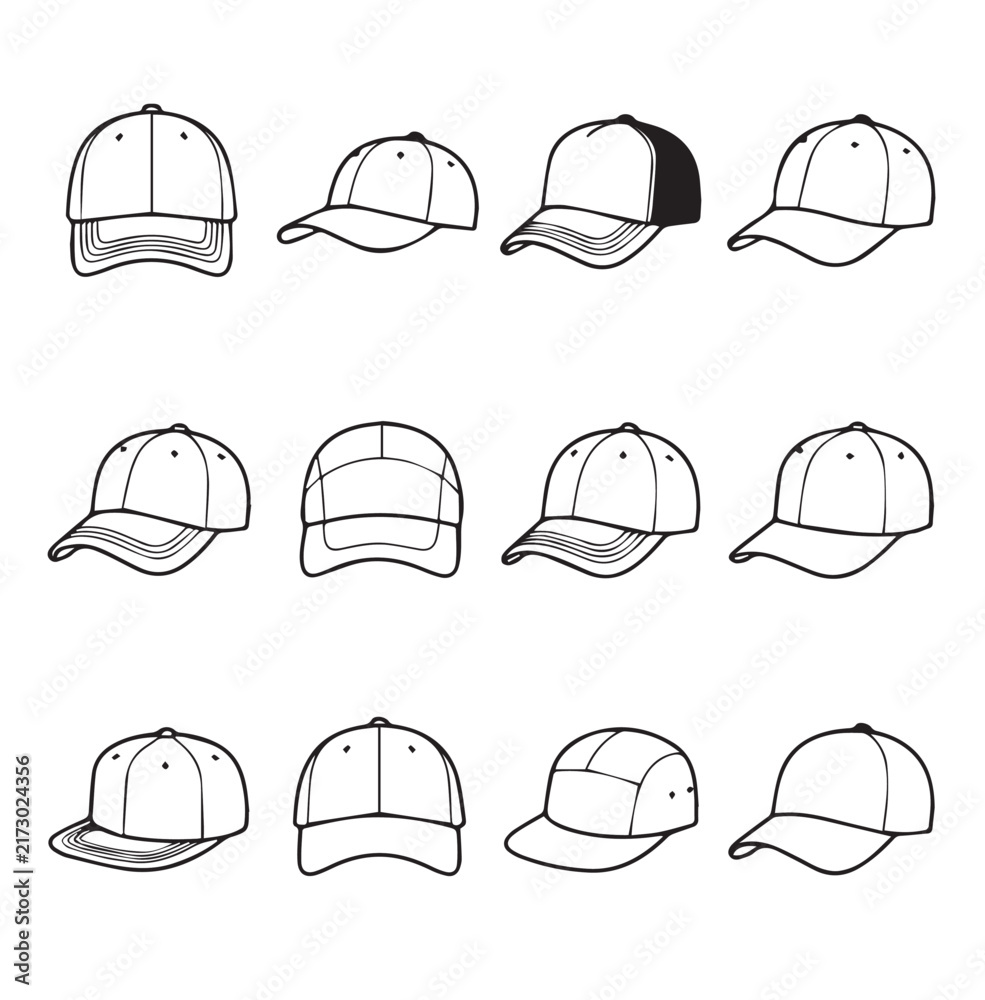 Fototapeta premium Collection of baseball cap outlines in diverse styles on a white background