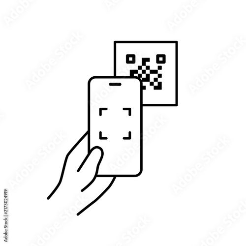 二次元コードをスマートフォンで読み取っているモノクロのイラスト