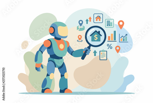 Friendly AI Robot Assistant Analyzing Real Estate Property Data