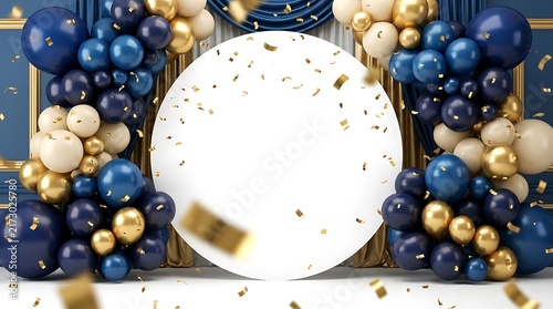 Elegant birthday party backdrop with blue and gold balloon garland and confetti around circle frame birthday backdrop