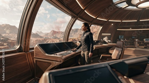 Space Station Commander: A determined female commander stands at the helm of a futuristic space station's bridge, gazing out at the barren, red landscape of an alien planet.