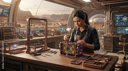 Steampunk Workshop on Mars: A woman meticulously assembles a complex device in a futuristic steampunk workshop, with a Martian landscape visible through the windows.