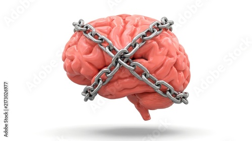 Human brain wrapped in heavy metal chains representing mental block or cognitive restriction.