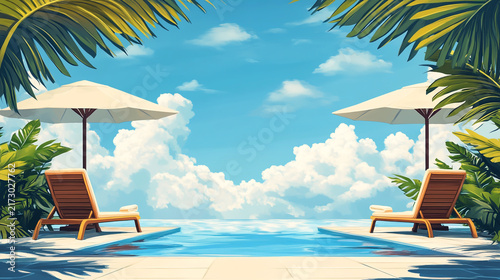 Luxurious infinity swimming pool overlooking tropical ocean view with sunbeds and parasols tropical resort sun loungers sun parasol palm trees