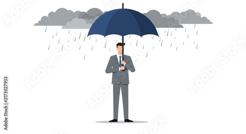 Businessman standing under an umbrella in the rain with clouds  