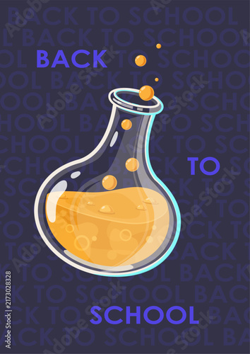 A vector illustration of a glass chemistry flask filled with orange bubbling liquid on a dark typographic background. A creative science themed graphic ideal for back to school promotions, laboratory 