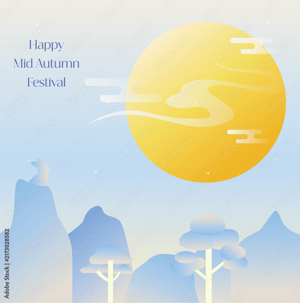 Obraz premium Stylized Mid Autumn Festival scene with a glowing golden full moon, misty mountains, traditional cloud patterns and a peaceful night atmosphere. Suitable for festive posters, greeting cards, banners a