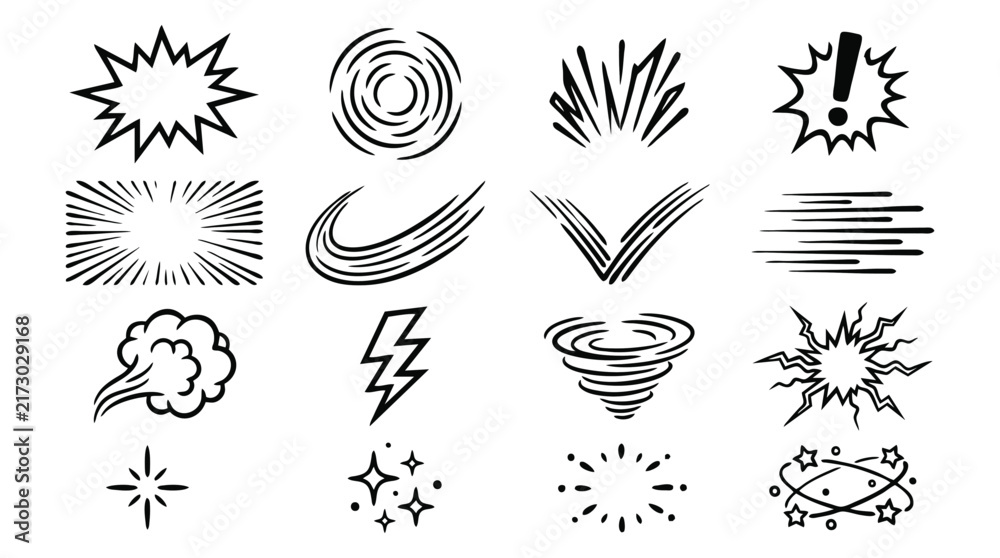 Fototapeta premium Comic speed lines and action effects set, 16 hand-drawn manga motion symbols, black ink explosion and impact icons for graphic design