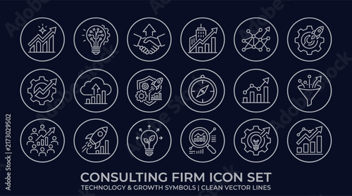 Consulting firm icon set clean vector line symbols for business strategy and growth