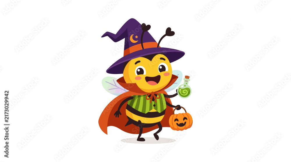 Naklejka premium Cute Halloween Bee Character in Costume Holding Potion and Pumpkin