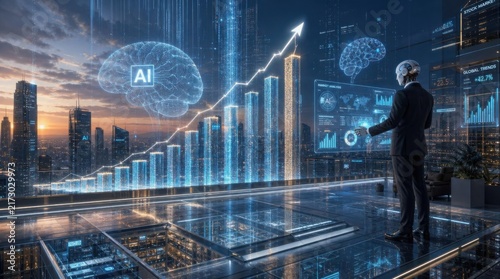 Futuristic corporate skyline with holographic AI neural networks and ascending growth charts symbolizing business AI expansion and innovation.