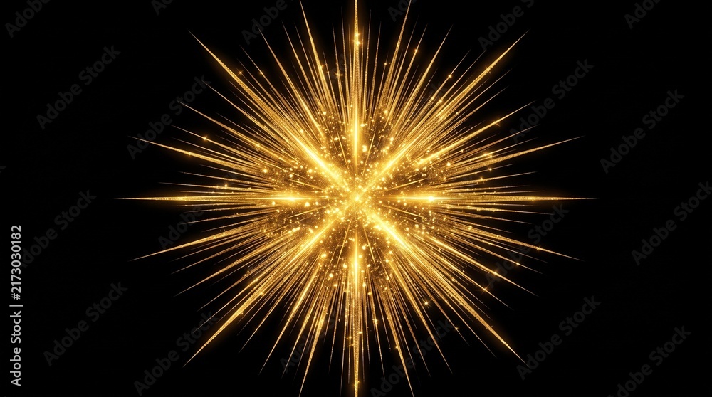 Fototapeta premium Golden starburst explosion with glittering particles on black background