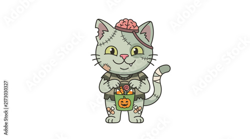 Foto Cute Zombie Cat Holding Halloween Candy Bucket