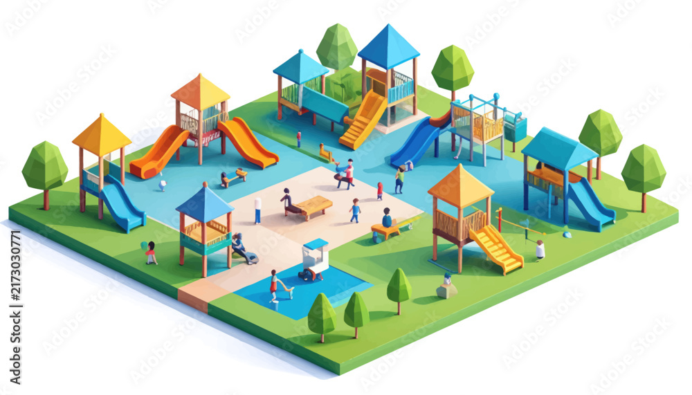 Fototapeta premium Isometric colorful children playground with slides and swings.