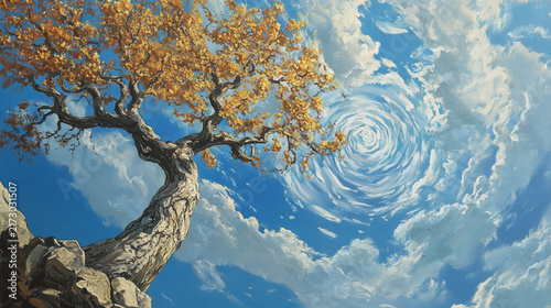 Old oak tree standing on a rocky cliff under a dramatic sky with swirling clouds autumn tree branches nature landscape blue sky tree trunk