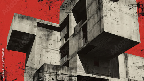 Abandoned concrete building with geometric shapes and red accents in urban decay setting