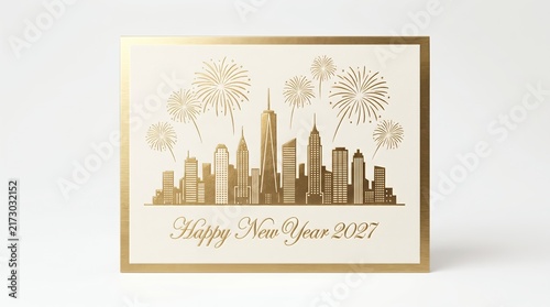 Elegant Golden New Year Card with City Skyline and Fireworks