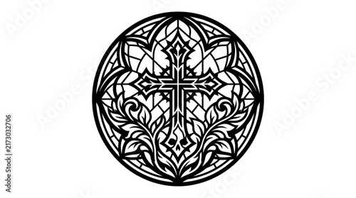 Ornate ornamental cross in circular filigree stained glass.