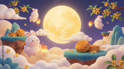 3D style festive background featuring cute rabbits and glowing lanterns among clouds for Mid Autumn Festival celebrations and greetings