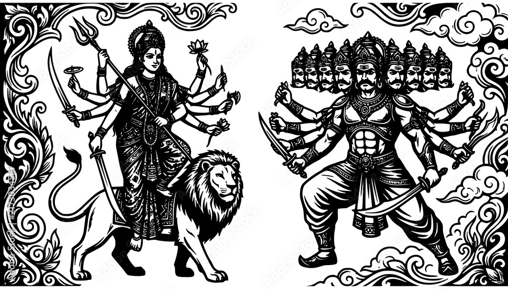 Fototapeta premium Complete Durga Puja Festival Items Hand Drawn Black White Vector Collection