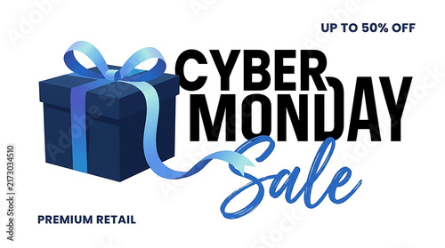 Cyber monday retail discount promotion banner with blue gift box and ribbon blue present commerce