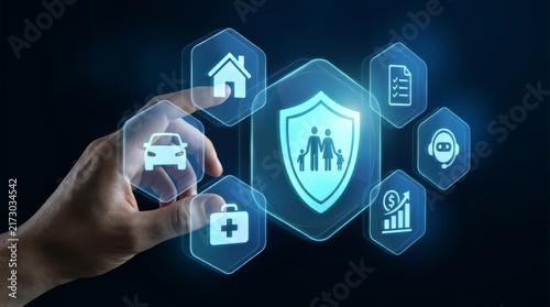 Digital insurance concept with family shield icon. Hand touching virtual home, car, and health insurance interface.