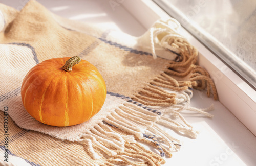 Foto Small orange pumpkin placed on a cozy woven blanket near a window