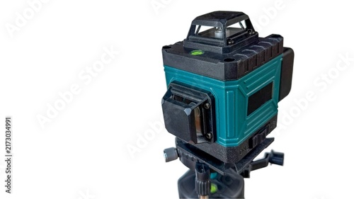 Obraz na płótnie Laser level tool mounted on tripod on white background, construction equipment instrument