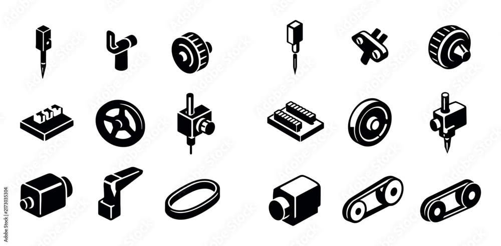 Fototapeta premium Sewing equipment and machine parts icon set with needle bar thread guide and tension wheel for user interface design in isometric icons
