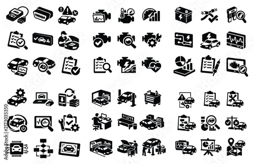 Car diagnostics and repair concept icons with engine, checklist and mechanic for dashboard design in solid style
