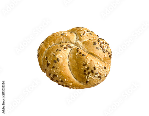 Fotografie Seeded Kaiser roll bread with multigrain sesame and flax topping isolated on transparent background