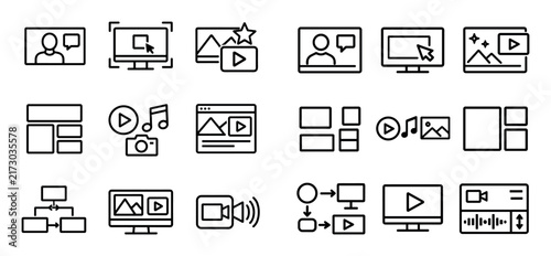 Streaming content and presentation icon set with presenter frame screen capture and visual overlay for mobile app design in minimal glyph style