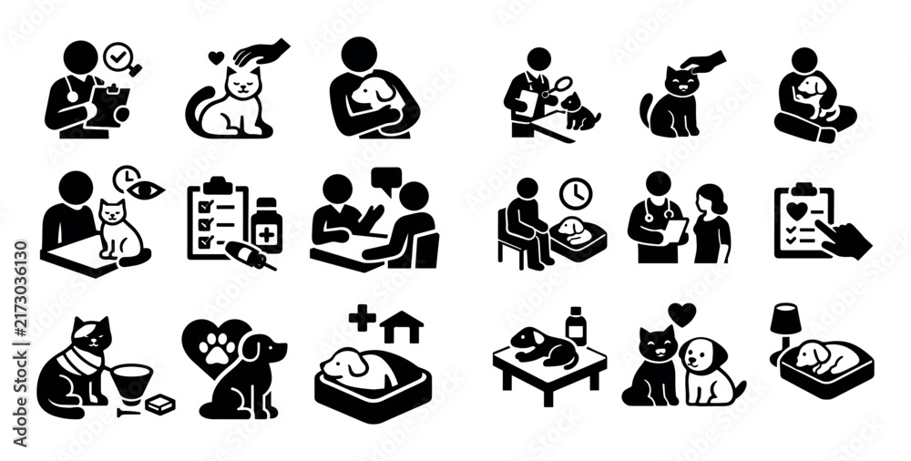 Fototapeta premium Animal microchipping and aftercare icon set with post procedure pet wellbeing and recovery step for pet care presentation in isometric vector art
