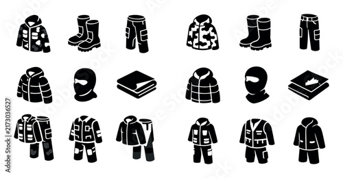 Hunting gear and outdoor clothing vector icons with camouflage jacket protective boots and weather layer for infographic design in black and white isometric style