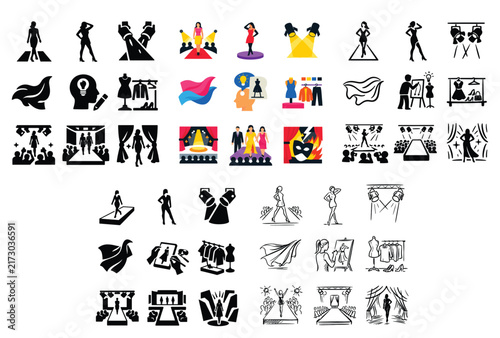 Fashion and runway design icons with catwalk, models and stage lights for presentation design in modern solid style