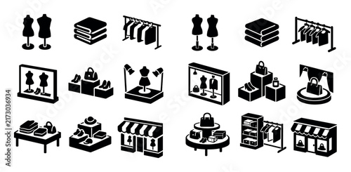 Retail display and mannequin stands icon set with folded stacks hanger rows and window showcase for presentation in flat isometric style