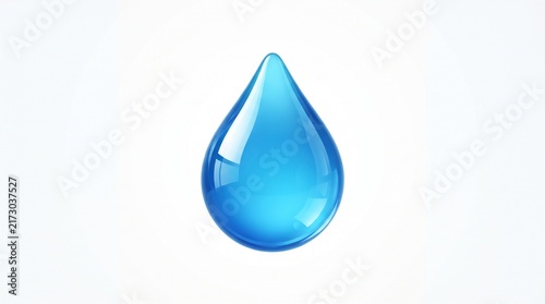 A realistic 3D glossy blue water drop graphic with shiny reflections on a clean white background