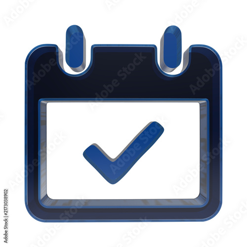 Three dimensional glossy blue calendar icon representing a completed task date transparent background
