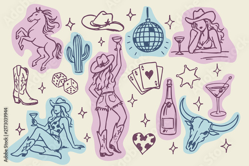 Western Cowgirl Party Hand Drawn Doodle Set