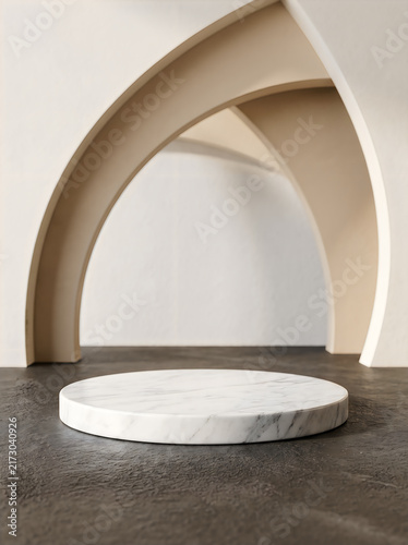 Minimalist marble stage with archway and textured floor for product display
