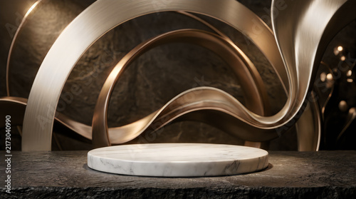 Minimalist Marble Display Plinth with Elegant Gold Sculptural Curves