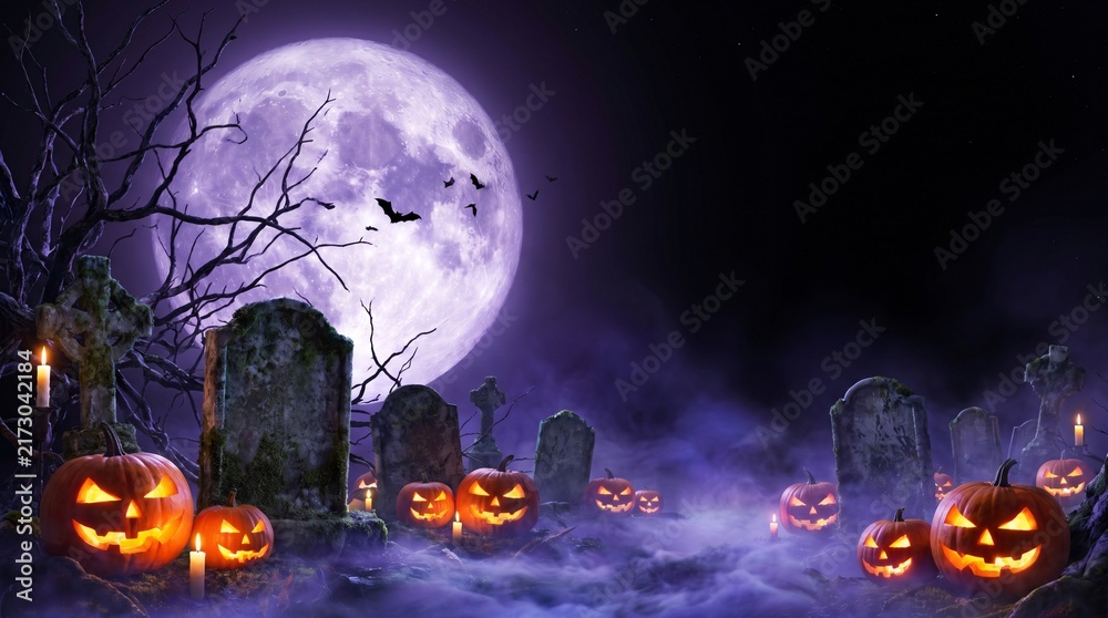 Fototapeta premium Spooky Halloween graveyard background, eerie cemetery with glowing jack o lanterns, full moon night with bats and mist
