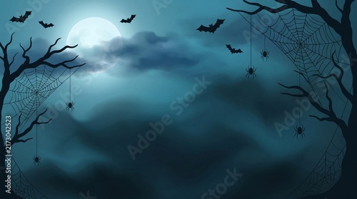 Spooky Halloween background with full moon, dark night sky with flying bats and spider webs, eerie mist in haunted forest