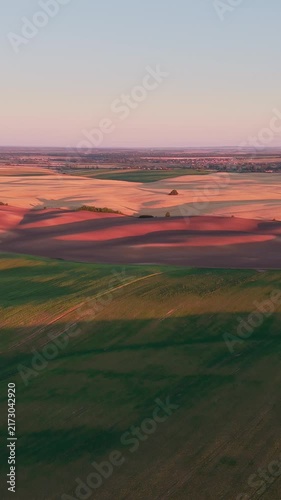 Vertical video. Aerial view flying over picturesque rolling hills and cultivated farmlands, with beautiful long shadows stretching across the rural landscape during a warm and colorful sunset