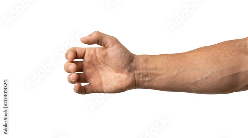 Obraz na plátně Male hand gesturing to grasp a cylindrical object like a bottle or glass while p