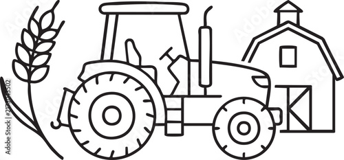 Farm tractor with wheat spike and barn vector