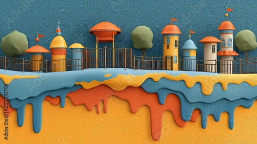 Vivid playground escape with colorful structures and flowing colors on a bright summer day