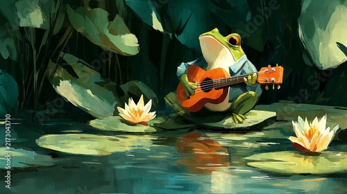 Frog serenades the moonlight with sweet guitar melodies on serene lily pads